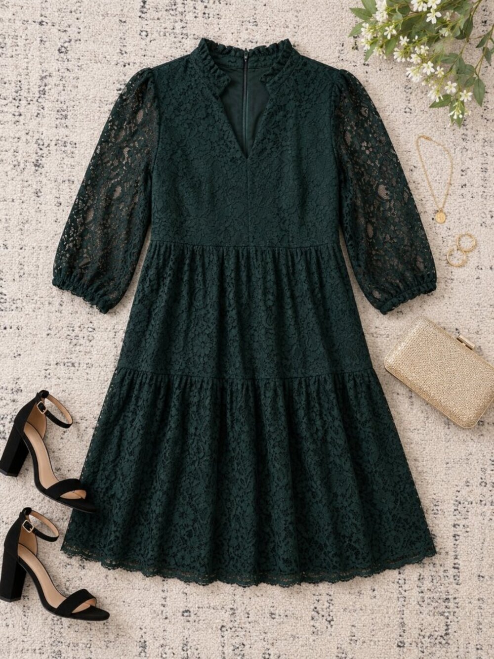 Jessica Howard Green Lace Tiered Knee Length Dress NWT Plus 14W-22W